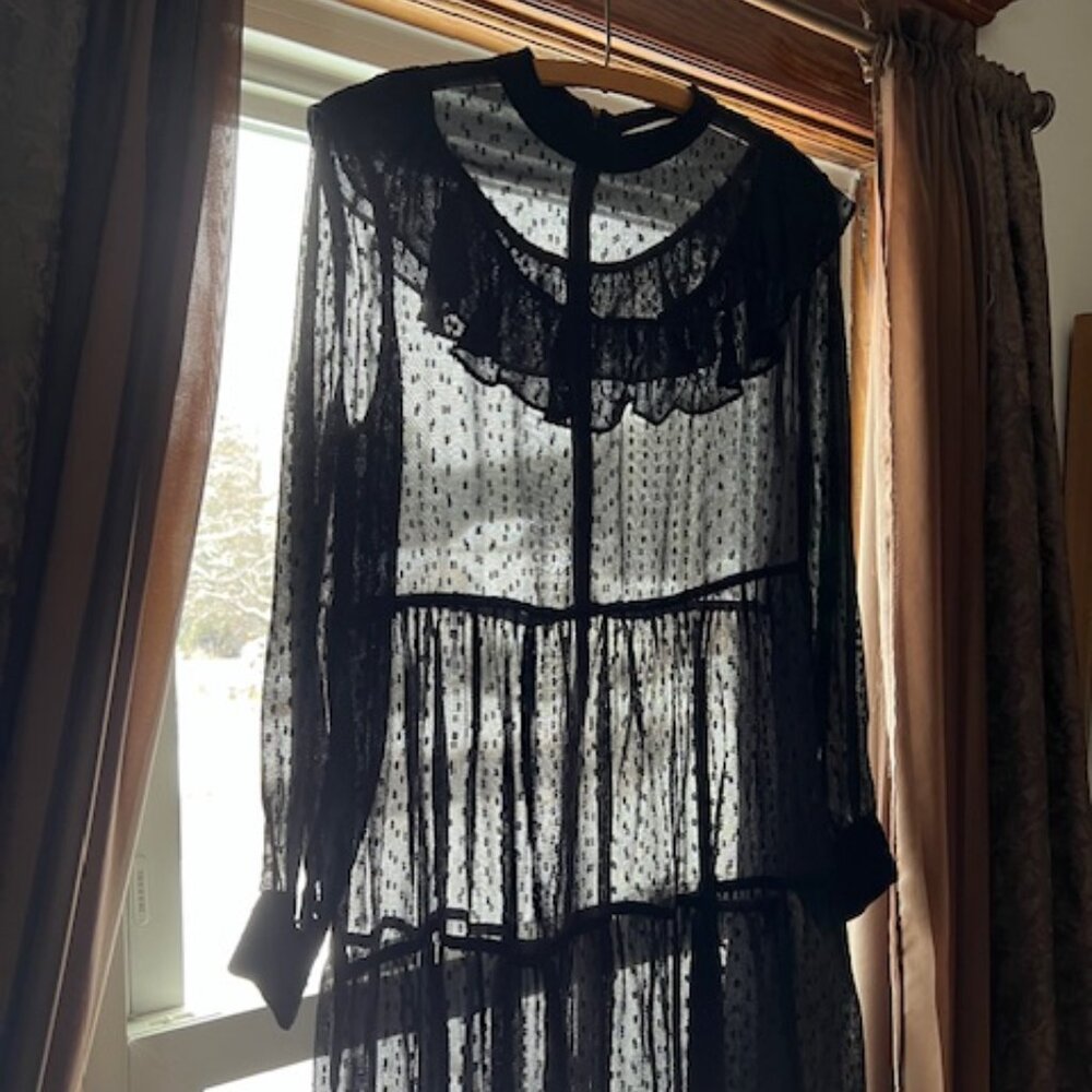 Zara Black Baby Doll Sheer Mini Dress Ruffle Front & Long Sleeves - Picture 6 of 8